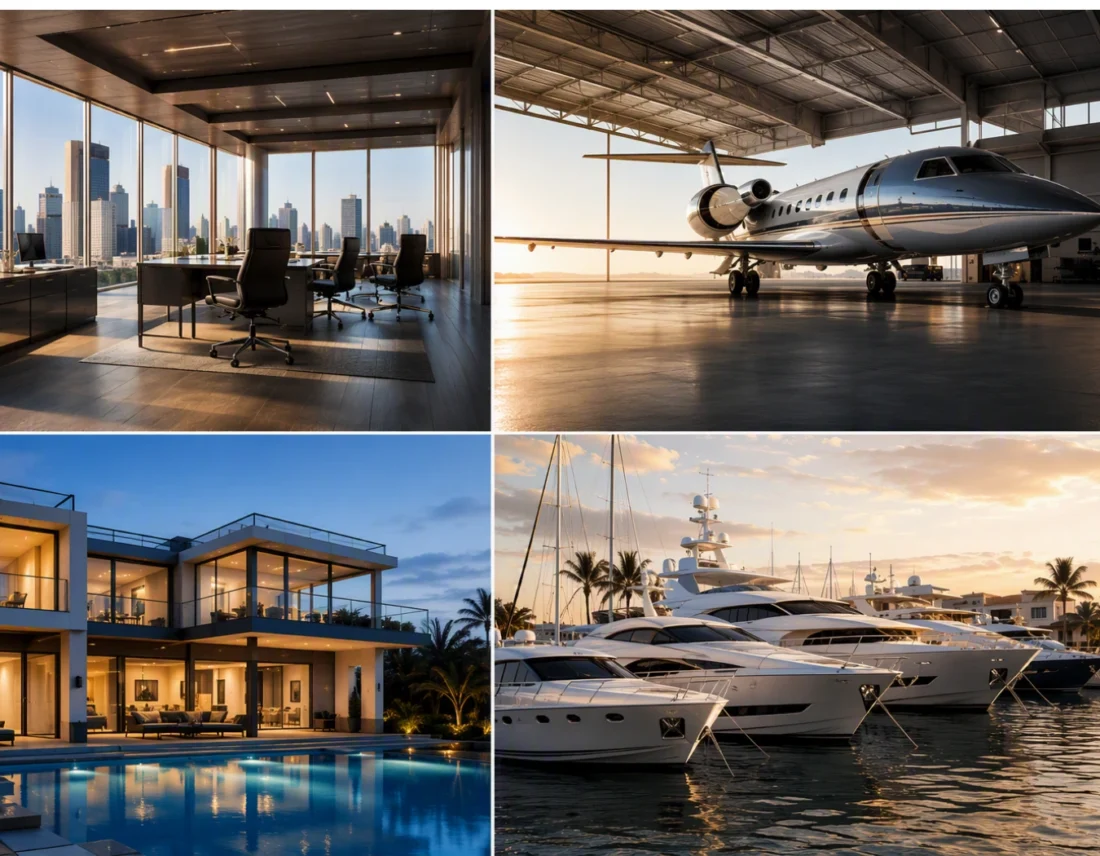 Luxury private client lifestyle collage featuring executive office, private jet, waterfront estate, and yacht marina